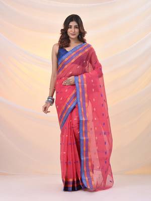Punch pink pure cotton tant saree with woven designs 1