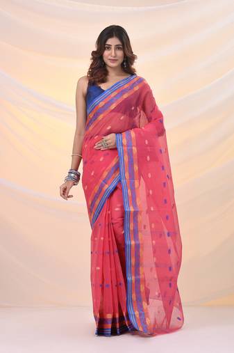 Punch pink pure cotton tant saree with woven designs