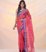 Punch pink pure cotton tant saree with woven designs