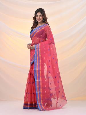 Punch pink pure cotton tant saree with woven designs 2