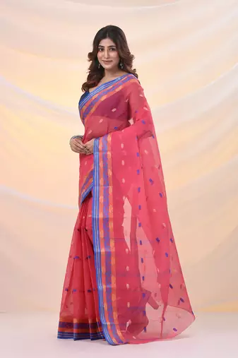 Punch pink pure cotton tant saree with woven designs