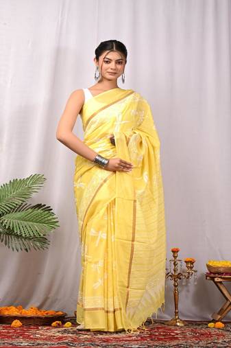 Yellow hand block printed with natural dye cotton silk saree with blouse piece