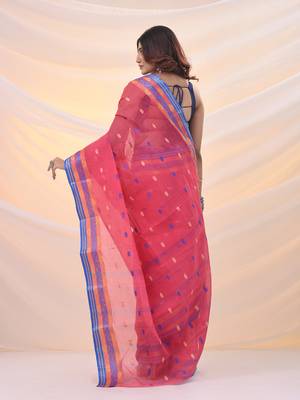Punch pink pure cotton tant saree with woven designs 3