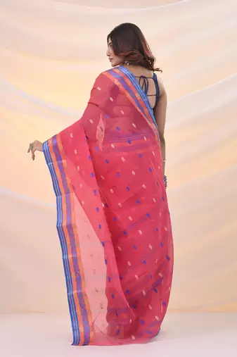 Punch pink pure cotton tant saree with woven designs
