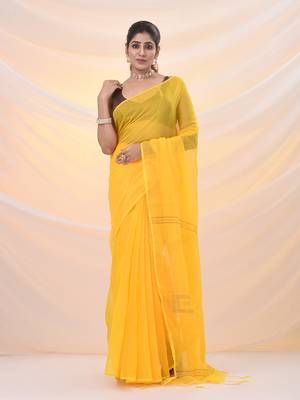 Yellow cotton blend saree with sequin work 1