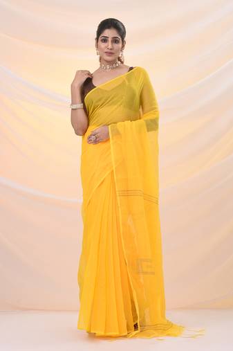 Yellow cotton blend saree with sequin work