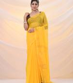 Yellow cotton blend saree with sequin work