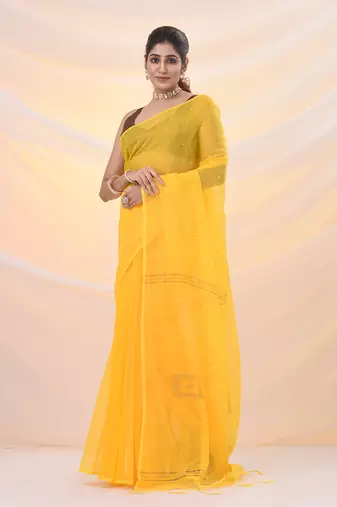 Yellow cotton blend saree with sequin work