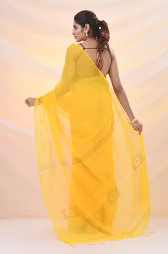 Yellow cotton blend saree with sequin work