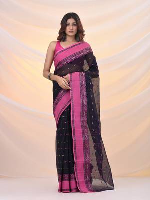 Navy blue pure cotton tant saree with woven designs 1