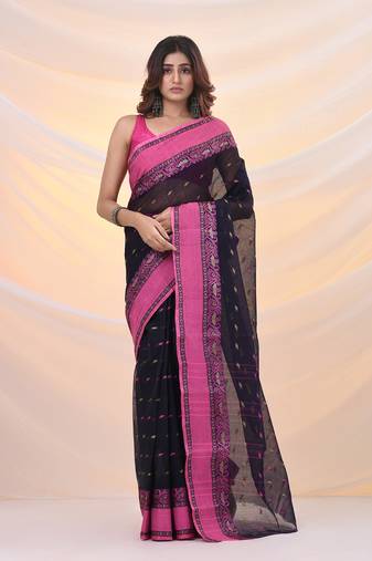 Navy blue pure cotton tant saree with woven designs