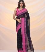 Navy blue pure cotton tant saree with woven designs