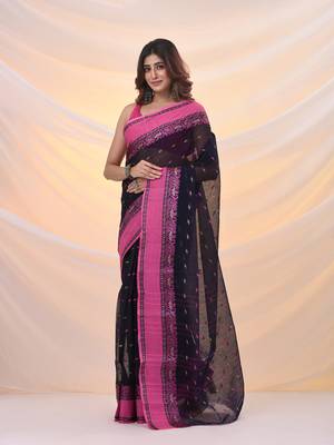 Navy blue pure cotton tant saree with woven designs 2