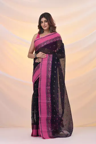Navy blue pure cotton tant saree with woven designs
