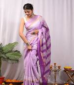 Purple hand block printed with natural dye cotton silk saree with blouse piece