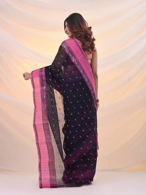 Navy blue pure cotton tant saree with woven designs 3
