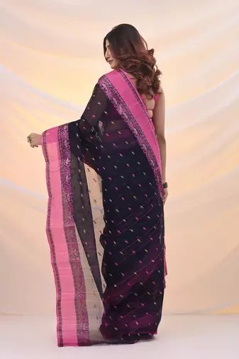 Navy blue pure cotton tant saree with woven designs
