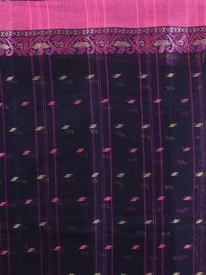 Navy blue pure cotton tant saree with woven designs 4