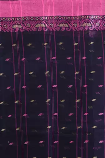 Navy blue pure cotton tant saree with woven designs