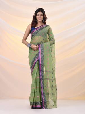 Pistachio green pure cotton tant saree with woven designs 1
