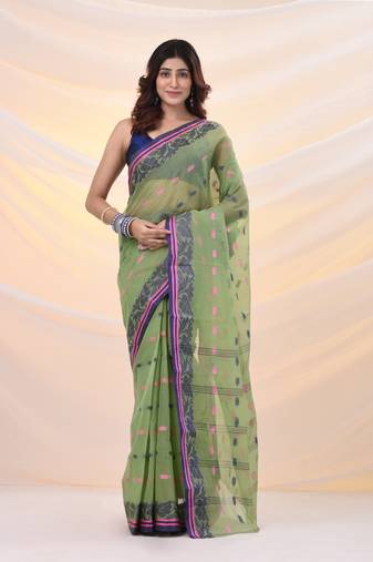Pistachio green pure cotton tant saree with woven designs