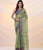 Pistachio green pure cotton tant saree with woven designs