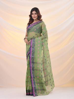 Pistachio green pure cotton tant saree with woven designs 2