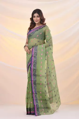 Pistachio green pure cotton tant saree with woven designs