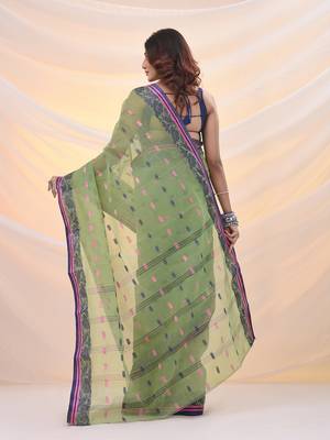 Pistachio green pure cotton tant saree with woven designs 3