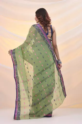 Pistachio green pure cotton tant saree with woven designs