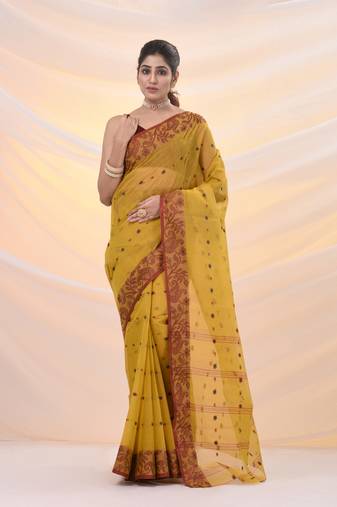 Mustard pure cotton tant saree with woven designs