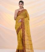 Mustard pure cotton tant saree with woven designs