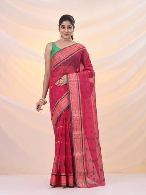 Fuchsia pure cotton tant saree with woven designs 1