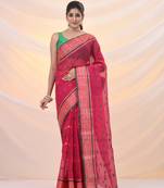Fuchsia pure cotton tant saree with woven designs