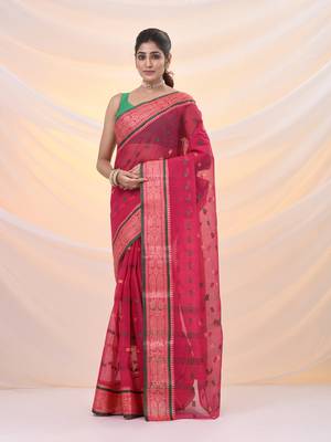 Fuchsia pure cotton tant saree with woven designs 2