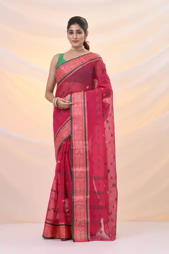 Fuchsia pure cotton tant saree with woven designs