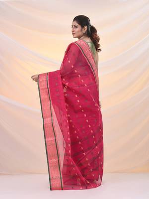 Fuchsia pure cotton tant saree with woven designs 3