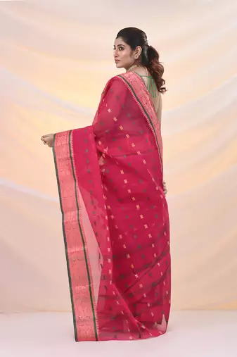 Fuchsia pure cotton tant saree with woven designs
