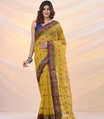 Mustard pure cotton tant saree with woven designs