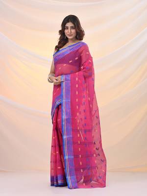 Violet pure cotton tant saree with woven designs 2