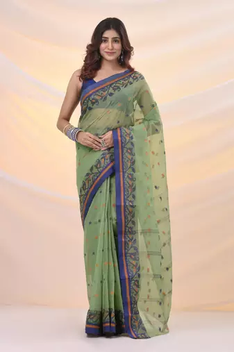 Pistachio green pure cotton tant saree with woven designs