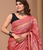 Peach hand block printed with natural dye cotton silk saree with blouse piece