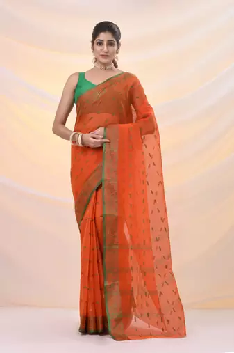 Orange pure cotton tant saree with woven designs