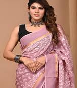 Purple hand block printed with natural dye cotton silk saree with blouse piece