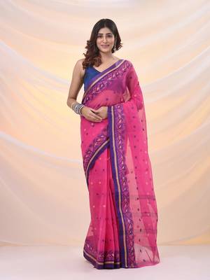 Violet pure cotton tant saree with woven designs 1