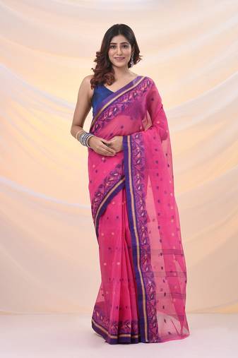 Violet pure cotton tant saree with woven designs