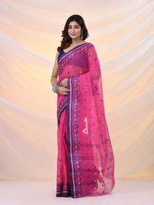 Violet pure cotton tant saree with woven designs 2