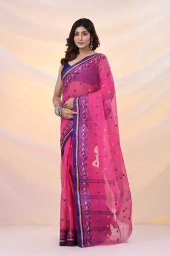 Violet pure cotton tant saree with woven designs