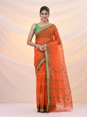 Orange pure cotton tant saree with woven designs 1