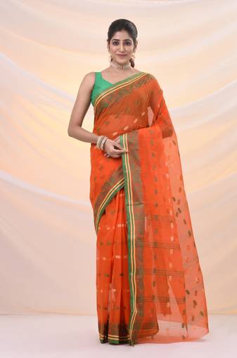 Orange pure cotton tant saree with woven designs